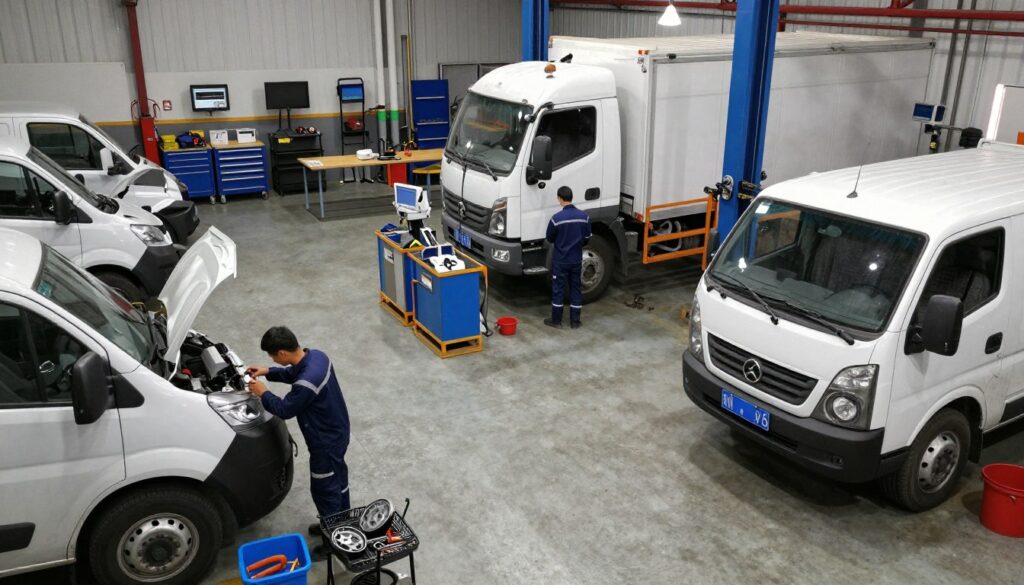 A busy vehicle maintenance workshop showcasing a fleet of commercial vehicles in various stages of repair. In the foreground, a mechanic in professional attire examines the engine of a van, surrounded by tools and equipment. In the middle ground, another technician checks tire pressure on a truck, with oil change station and diagnostic equipment visible. The background captures a well-organized garage with workbenches, tool racks, and industrial lights casting bright, focused illumination. The atmosphere is industrious and professional, emphasizing the importance of thorough vehicle maintenance for smooth business operations. The composition is shot from a slightly elevated angle, providing a comprehensive view of the workshop's organized chaos. A busy vehicle maintenance workshop showcasing a fleet of commercial vehicles in various stages of repair. In the foreground, a mechanic in professional attire examines the engine of a van, surrounded by tools and equipment. In the middle ground, another technician checks tire pressure on a truck, with oil change station and diagnostic equipment visible. The background captures a well-organized garage with workbenches, tool racks, and industrial lights casting bright, focused illumination. The atmosphere is industrious and professional, emphasizing the importance of thorough vehicle maintenance for smooth business operations. The composition is shot from a slightly elevated angle, providing a comprehensive view of the workshop's organized chaos.