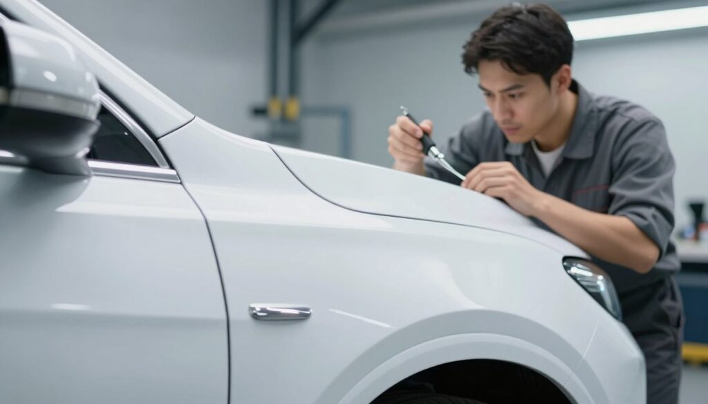 A close-up view of a car’s surface showcasing a paintless dent. The foreground features a pristine vehicle panel with a subtle, well-defined dent reflecting light, highlighting the smooth factory finish. The middle ground captures a professional technician in modest casual clothing examining the dent with specialized tools, displaying focus and expertise. The background reveals a well-lit, clean auto repair shop environment, with soft, diffused lighting emphasizing the vehicle's curves and contours. The atmosphere conveys professionalism and precision, ideal for vehicle maintenance. The image is framed from a slightly elevated angle to draw attention to the dent while maintaining the vehicle's overall aesthetic integrity. No text or logos present.