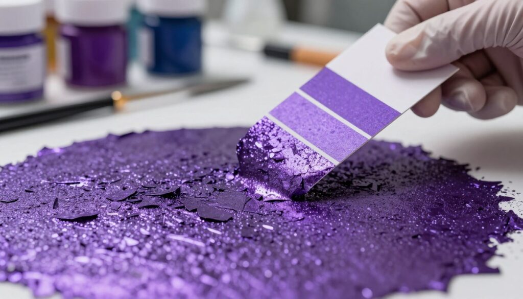 A close-up view of a surface showcasing matching metallic flake paint under controlled studio lighting. The foreground features a vibrant, shimmering metallic purple paint with finely textured flakes that reflect light in various angles, highlighting its depth and complexity. In the middle ground, a hand wearing a professional lab glove gently tilts a paint sample card, showcasing the color's rich hues and subtle shifts. The background is softly blurred, suggesting an organized workspace filled with paint cans and mixing tools, creating a scientific atmosphere. The lighting is bright yet diffused, illuminating the intricacies of the paint while casting soft shadows that enhance the texture. The overall mood evokes precision and craftsmanship, emphasizing the art and science of paint matching. A close-up view of a surface showcasing matching metallic flake paint under controlled studio lighting. The foreground features a vibrant, shimmering metallic purple paint with finely textured flakes that reflect light in various angles, highlighting its depth and complexity. In the middle ground, a hand wearing a professional lab glove gently tilts a paint sample card, showcasing the color's rich hues and subtle shifts. The background is softly blurred, suggesting an organized workspace filled with paint cans and mixing tools, creating a scientific atmosphere. The lighting is bright yet diffused, illuminating the intricacies of the paint while casting soft shadows that enhance the texture. The overall mood evokes precision and craftsmanship, emphasizing the art and science of paint matching.
