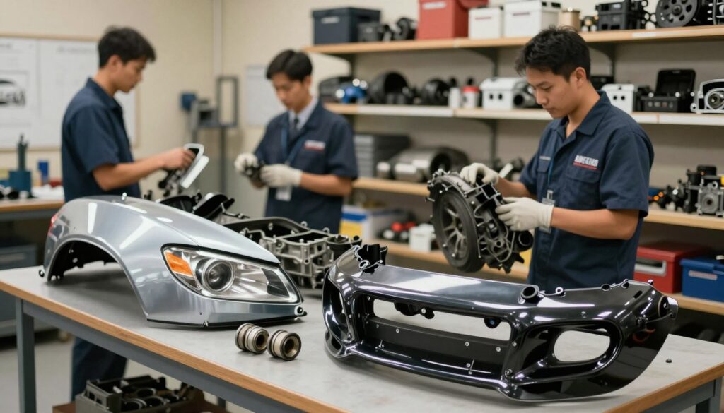 A detailed composition showcasing high-quality vehicle parts in a collision repair shop setting. In the foreground, display a selection of OEM parts, such as a shiny fender, headlight, and bumper, arranged neatly on a workbench, glistening under soft, even lighting. The middle ground features technicians in professional business attire, carefully examining the parts, emphasizing their expertise. The background shows organized shelves filled with various vehicle components, both OEM and aftermarket, with a clear focus on quality. Use a slightly elevated angle to capture depth and detail, with a warm, welcoming atmosphere inviting viewers into a professional, reliable space. The overall mood should convey trust and craftsmanship, perfect for illustrating the importance of using quality parts in collision repair.
