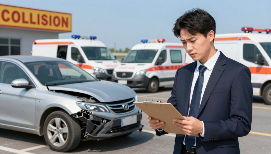 A detailed illustration of a car accident scene focused on the concept of collision insurance. In the foreground, a professional insurance agent in business attire inspects a damaged leased car, with a clipboard in hand, displaying a concerned but optimistic expression. The middle ground features the car, visibly dented and scratched, with a backdrop of emergency vehicles and repair shop signage. In the background, a clear blue sky contrasts with the chaos, suggesting resolution and hope. The lighting is bright and even, creating a realistic atmosphere, captured from a slightly elevated angle to encompass the entire scene. The overall mood should convey professionalism and reassurance as it highlights the importance of collision insurance in the repair process. A detailed illustration of a car accident scene focused on the concept of collision insurance. In the foreground, a professional insurance agent in business attire inspects a damaged leased car, with a clipboard in hand, displaying a concerned but optimistic expression. The middle ground features the car, visibly dented and scratched, with a backdrop of emergency vehicles and repair shop signage. In the background, a clear blue sky contrasts with the chaos, suggesting resolution and hope. The lighting is bright and even, creating a realistic atmosphere, captured from a slightly elevated angle to encompass the entire scene. The overall mood should convey professionalism and reassurance as it highlights the importance of collision insurance in the repair process.