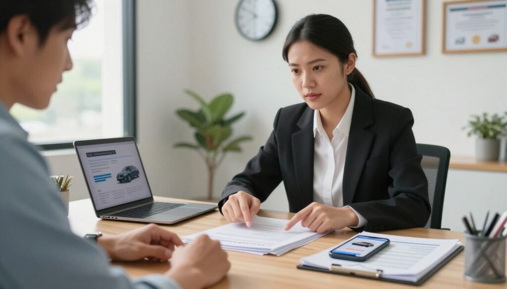 A focused, professional scene set in a well-lit office environment, showing a confident insurance agent in a smart business attire discussing a car accident with a concerned car owner, who appears to be in casual yet neat clothing. The foreground features a close-up of their hands pointing towards an organized stack of paperwork and a smartphone displaying an insurance app, symbolizing the process of involving insurance. In the middle, a desk with a laptop and car insurance brochures conveys a sense of urgency and professionalism. The background shows a wall clock, a window with soft daylight streaming in, and framed certificates, adding to the credible atmosphere. The image captures a mood of seriousness with a hint of reassurance, ideal for guiding readers on the decision to involve insurance. A focused, professional scene set in a well-lit office environment, showing a confident insurance agent in a smart business attire discussing a car accident with a concerned car owner, who appears to be in casual yet neat clothing. The foreground features a close-up of their hands pointing towards an organized stack of paperwork and a smartphone displaying an insurance app, symbolizing the process of involving insurance. In the middle, a desk with a laptop and car insurance brochures conveys a sense of urgency and professionalism. The background shows a wall clock, a window with soft daylight streaming in, and framed certificates, adding to the credible atmosphere. The image captures a mood of seriousness with a hint of reassurance, ideal for guiding readers on the decision to involve insurance.