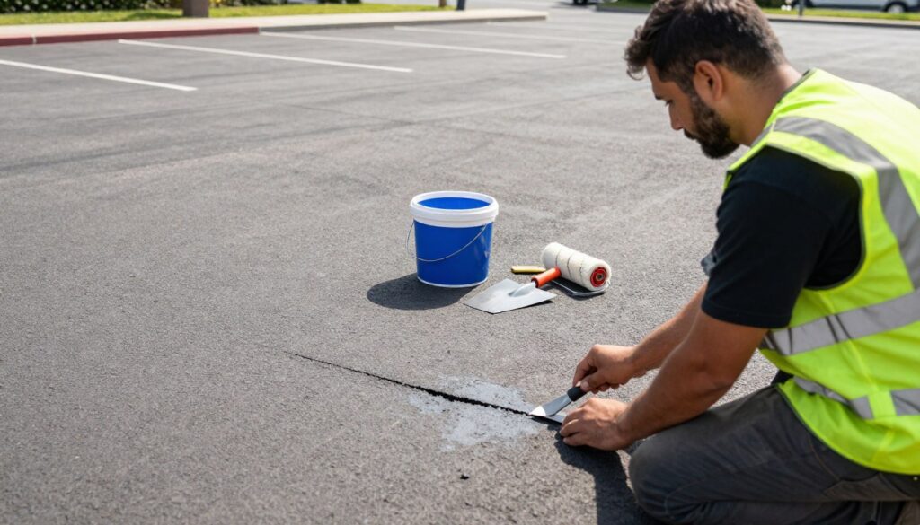 A focused scene of a minor scrape parking lot repair in progress, showcasing a well-maintained asphalt surface. In the foreground, a professional repair technician in a reflective safety vest examines a small scrape with a handheld tool, considering the repair method. The middle layer features a bucket of sealant and tools like a trowel and a roller laid out neatly. The background reveals a clean parking lot with marked spaces under bright, natural daylight, creating a productive atmosphere. Ensure even lighting enhances the details of the repair area without harsh shadows. The angle should be slightly elevated to provide a comprehensive view of the action while conveying a sense of diligence and care in maintenance work. A focused scene of a minor scrape parking lot repair in progress, showcasing a well-maintained asphalt surface. In the foreground, a professional repair technician in a reflective safety vest examines a small scrape with a handheld tool, considering the repair method. The middle layer features a bucket of sealant and tools like a trowel and a roller laid out neatly. The background reveals a clean parking lot with marked spaces under bright, natural daylight, creating a productive atmosphere. Ensure even lighting enhances the details of the repair area without harsh shadows. The angle should be slightly elevated to provide a comprehensive view of the action while conveying a sense of diligence and care in maintenance work.