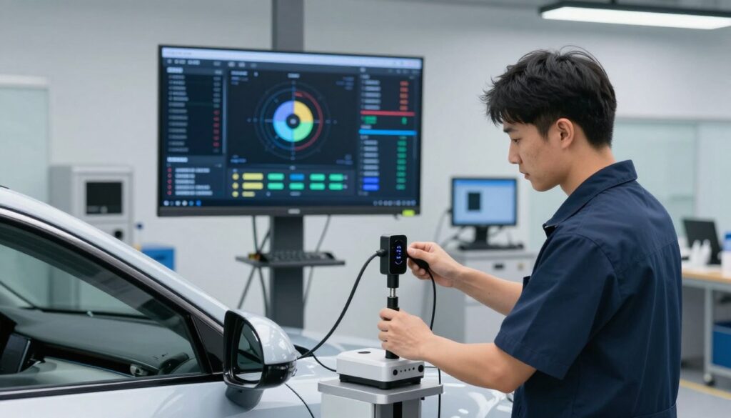 A modern auto body shop interior focused on advanced driver-assistance systems (ADAS) calibration. In the foreground, a technician in professional attire is adjusting sensors on a sleek electric vehicle using specialized calibration equipment, demonstrating precision and focus. In the middle ground, a large screen displays real-time data and calibration metrics, illuminated with vibrant colors that convey technology. The background features a clean, well-organized workshop with advanced tools and equipment, enhancing the atmosphere of safety and professionalism. Soft, natural lighting highlights the scene, creating a sense of clarity and innovation. The overall mood is focused, embodying the importance of modern vehicle safety measures.