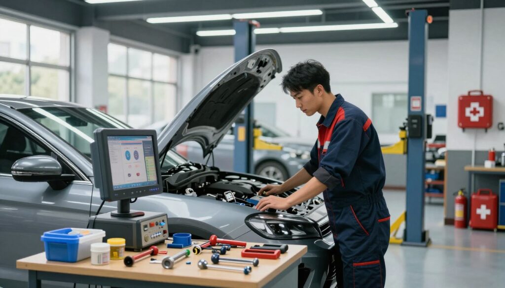 A modern auto repair shop interior, showcasing a mechanic in professional attire, inspecting a vehicle with high-tech diagnostic equipment. In the foreground, tools and parts are neatly arranged on a workbench, indicating readiness and efficiency. The middle ground features the mechanic focused on a car hood, with vibrant reflections of overhead LED lights illuminating the scene, enhancing the sense of safety and precision. The background includes a spacious workshop with car lifts and safety equipment like fire extinguishers and first aid kits, emphasizing compliance and security. Soft, natural light filters through the windows, creating an inviting atmosphere that promotes trust and professionalism in auto body repair. A modern auto repair shop interior, showcasing a mechanic in professional attire, inspecting a vehicle with high-tech diagnostic equipment. In the foreground, tools and parts are neatly arranged on a workbench, indicating readiness and efficiency. The middle ground features the mechanic focused on a car hood, with vibrant reflections of overhead LED lights illuminating the scene, enhancing the sense of safety and precision. The background includes a spacious workshop with car lifts and safety equipment like fire extinguishers and first aid kits, emphasizing compliance and security. Soft, natural light filters through the windows, creating an inviting atmosphere that promotes trust and professionalism in auto body repair.