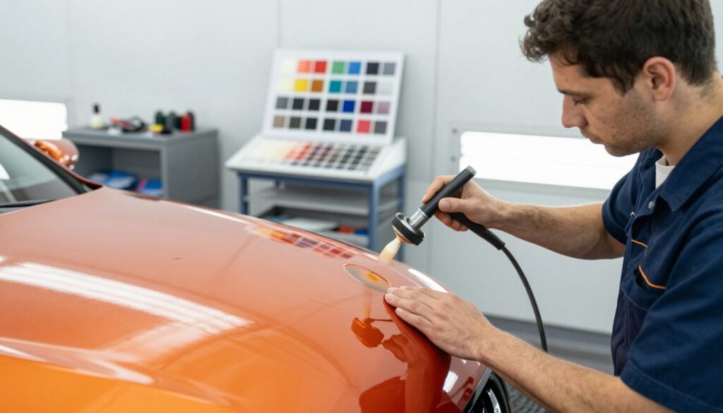 A polished, well-lit body shop interior showcasing advanced paint and refinishing services. In the foreground, a skilled technician in a professional uniform meticulously sprays a vibrant, flawless coat of paint on a car, capturing the intricate details of the process. The middle ground features a color-matching station with various paint swatches displayed neatly, highlighting the precision involved in selecting the perfect hue. The background includes an organized work area with high-end equipment and tools, illuminated by bright, natural lighting, emphasizing a clean and professional environment. The overall mood is focused and industrious, conveying a sense of expertise and trust in automotive refinishing. The angle captures both the technician at work and the artistry of color application, ensuring an immersive visual experience.