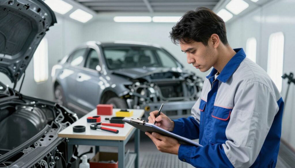 A professional auto body shop interior scene, showcasing a collision assessment in progress. In the foreground, a skilled technician in a crisp, professional uniform meticulously examining a damaged vehicle, taking notes on a clipboard. The middle ground features tools and equipment neatly organized on a workbench, with parts of the car being assessed, highlighting the details of the damage. In the background, bright overhead lights illuminate the workspace, casting a clean and focused glow over the scene. The mood is one of professionalism and care, emphasizing the importance of thorough assessments. The composition is shot from a slightly elevated angle to give depth and context to the assessment process, showcasing the seriousness and expertise involved in collision evaluations. A professional auto body shop interior scene, showcasing a collision assessment in progress. In the foreground, a skilled technician in a crisp, professional uniform meticulously examining a damaged vehicle, taking notes on a clipboard. The middle ground features tools and equipment neatly organized on a workbench, with parts of the car being assessed, highlighting the details of the damage. In the background, bright overhead lights illuminate the workspace, casting a clean and focused glow over the scene. The mood is one of professionalism and care, emphasizing the importance of thorough assessments. The composition is shot from a slightly elevated angle to give depth and context to the assessment process, showcasing the seriousness and expertise involved in collision evaluations.