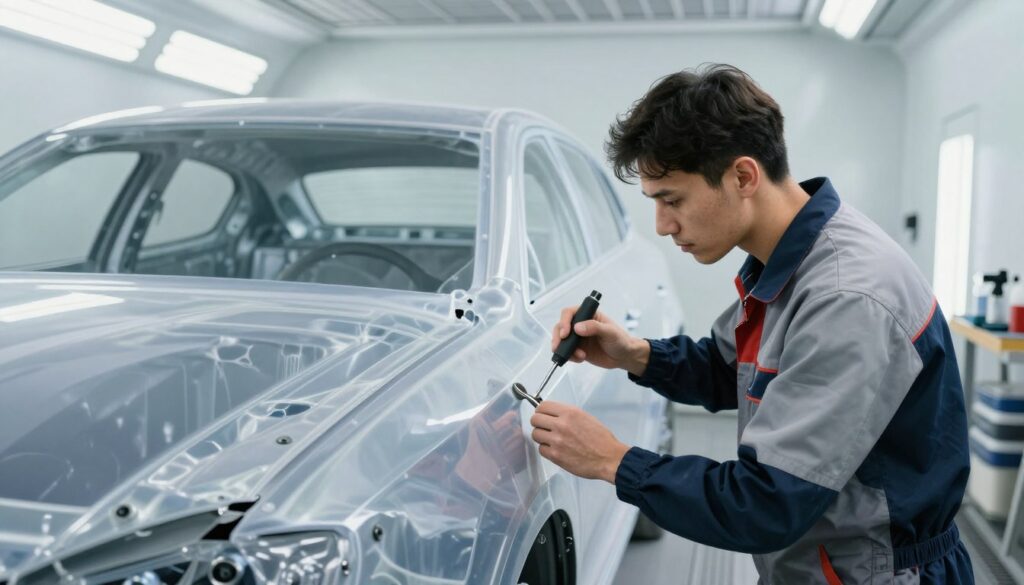 A professional auto body shop scene showcasing a transparent repair process. In the foreground, a focused technician in smart work attire inspects a car’s damaged panel, using sophisticated tools for the assessment. The middle ground features a partially disassembled vehicle, revealing its inner structure, with various repair materials neatly organized alongside. In the background, a clean, well-lit workshop is visible, illuminated by bright overhead lights that create a sense of clarity and precision. Soft shadows enhance the details, and the atmosphere conveys trust and professionalism, highlighting the meticulous nature of the repair process. The angle captures both the technician's concentration and the intricate workings of the vehicle, ensuring an insightful and engaging visual experience. A professional auto body shop scene showcasing a transparent repair process. In the foreground, a focused technician in smart work attire inspects a car’s damaged panel, using sophisticated tools for the assessment. The middle ground features a partially disassembled vehicle, revealing its inner structure, with various repair materials neatly organized alongside. In the background, a clean, well-lit workshop is visible, illuminated by bright overhead lights that create a sense of clarity and precision. Soft shadows enhance the details, and the atmosphere conveys trust and professionalism, highlighting the meticulous nature of the repair process. The angle captures both the technician's concentration and the intricate workings of the vehicle, ensuring an insightful and engaging visual experience.
