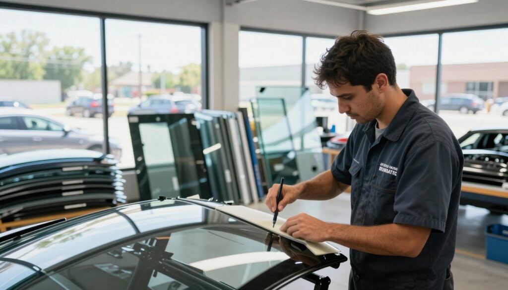 A professional auto glass service shop showcasing a busy technician in a bright, well-lit environment. In the foreground, a technician wearing a branded uniform is carefully applying a high-tech adhesive to a replacement windshield, showcasing precision and expertise. The middle background features a variety of glass panels and windshields stacked neatly, highlighting the range of services offered. In the background, large windows reveal a sunny Kirby, TX day, with a few cars parked outside, implying customer activity. The atmosphere is clean and efficient, with natural lighting illuminating the space and creating a welcoming feel. Capture the hustle of a professional service environment, without any distractions or text elements. A professional auto glass service shop showcasing a busy technician in a bright, well-lit environment. In the foreground, a technician wearing a branded uniform is carefully applying a high-tech adhesive to a replacement windshield, showcasing precision and expertise. The middle background features a variety of glass panels and windshields stacked neatly, highlighting the range of services offered. In the background, large windows reveal a sunny Kirby, TX day, with a few cars parked outside, implying customer activity. The atmosphere is clean and efficient, with natural lighting illuminating the space and creating a welcoming feel. Capture the hustle of a professional service environment, without any distractions or text elements.