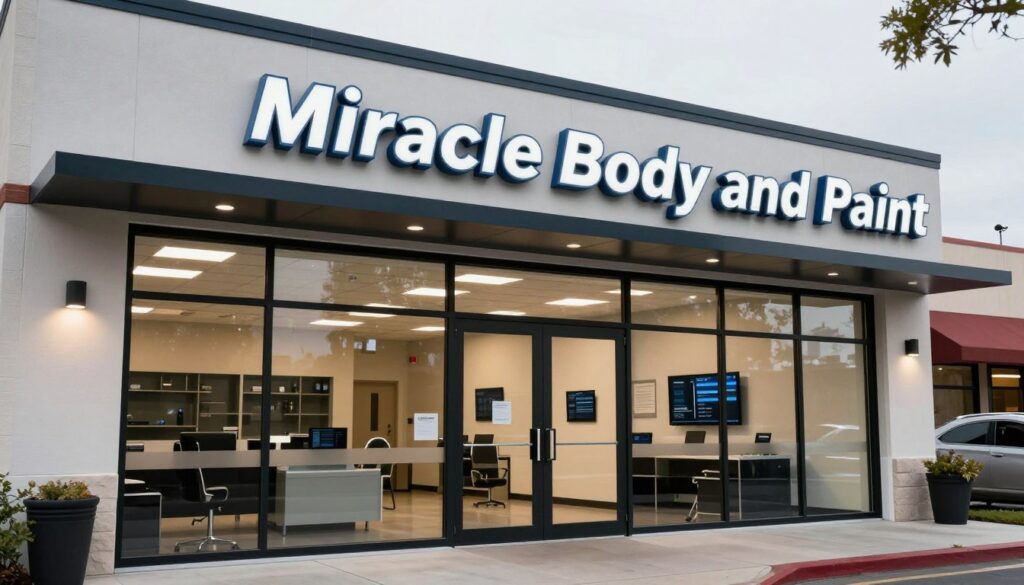 A professional-looking San Antonio collision center with a modern exterior and a welcoming atmosphere, showcasing a clean sign that reads Miracle Body and Paint.
