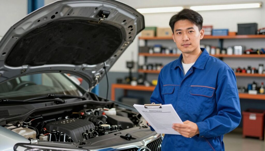 A professional mechanic, dressed in a clean blue coverall, stands confidently beside a gleaming car in a well-lit auto repair shop. The foreground features a close-up of the mechanic holding a clipboard with clearly visible warranty details. In the middle, the car is slightly open with its hood raised, showcasing the intricate components of the engine. In the background, shelves filled with tools and automotive parts reflect a bustling workshop atmosphere, illuminated by bright overhead lights. Soft, warm lighting highlights the mechanic’s focused expression, suggesting trust and expertise. The overall mood is reassuring and professional, conveying a sense of security and quality associated with lifetime warranty coverage.