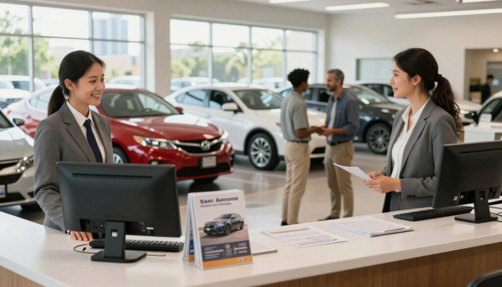 A professional rental car assistance office in San Antonio, featuring a welcoming reception area with a friendly attendant in business attire, assisting a couple looking to rent a car. In the foreground, a clean, well-organized desk with rental car brochures and a computer, reflecting a busy yet efficient environment. The middle section showcases a variety of rental cars lined up in a brightly lit showroom, showcasing their vibrant colors. In the background, large windows allow natural sunlight to flood the space, highlighting the San Antonio skyline outside. The atmosphere is warm and inviting, emphasizing convenience and customer service, with soft, diffused lighting to create a welcoming mood. A professional rental car assistance office in San Antonio, featuring a welcoming reception area with a friendly attendant in business attire, assisting a couple looking to rent a car. In the foreground, a clean, well-organized desk with rental car brochures and a computer, reflecting a busy yet efficient environment. The middle section showcases a variety of rental cars lined up in a brightly lit showroom, showcasing their vibrant colors. In the background, large windows allow natural sunlight to flood the space, highlighting the San Antonio skyline outside. The atmosphere is warm and inviting, emphasizing convenience and customer service, with soft, diffused lighting to create a welcoming mood.