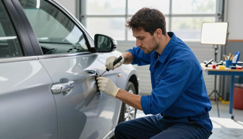 A professional technician performing paintless dent repair on a car in a well-lit garage environment. In the foreground, the technician, wearing a clean blue shirt and dark pants, is using specialized tools to massage out a large dent on a silver sedan's door. The focused expression on their face indicates concentration and expertise. In the middle ground, various tools and equipment are neatly organized on a workbench, including a light board and glue pull tabs. In the background, sunlight filters through a garage window, casting soft shadows and creating a bright, inviting atmosphere. The overall mood is one of professionalism and craftsmanship, highlighting the effectiveness of paintless dent repair as a preferred method for fixing hail damage.