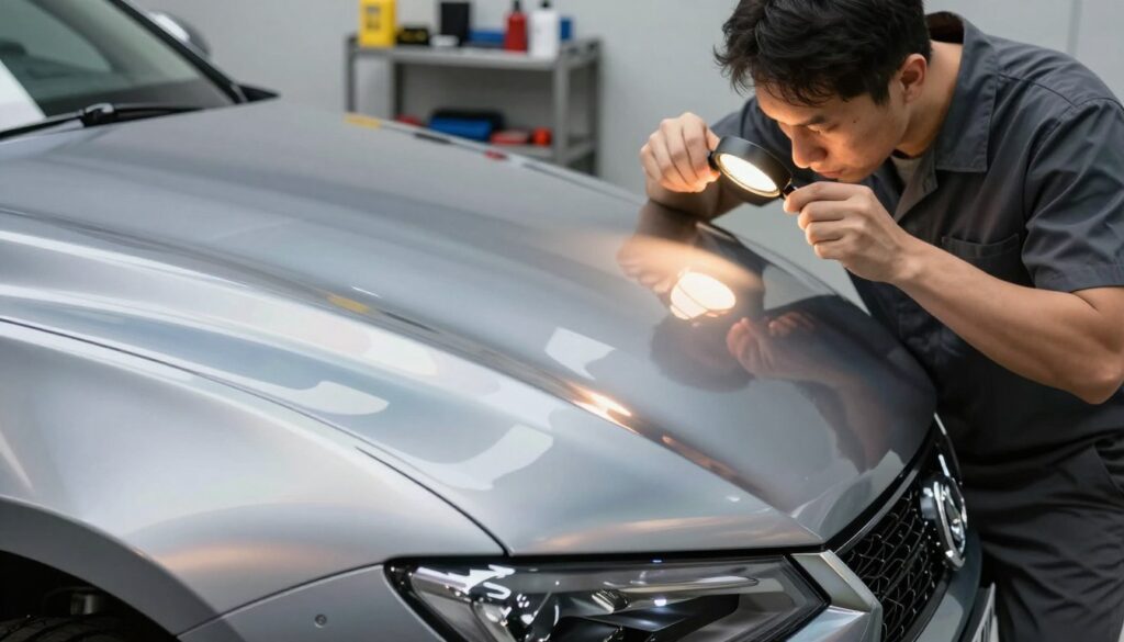 A visually striking close-up image showcasing a pristine car panel with a matching metallic finish, highlighting intricate reflective surfaces that glimmer in soft daylight. The foreground features the smooth, textured metallic paint with subtle gradients of color, reflecting various shades of silver and blue. In the middle ground, a professional technician in a smart casual outfit examines the surface with a lighted magnifying glass, focusing on imperfections and repair techniques. The background presents a sleek, modern automotive workshop setting, with shelves of tools and supplies softly blurred. The lighting is warm, creating a calm and focused atmosphere that emphasizes precision and craftsmanship in automotive repair. This composition aims to capture the unique challenges of achieving a consistent and flawless metallic finish. A visually striking close-up image showcasing a pristine car panel with a matching metallic finish, highlighting intricate reflective surfaces that glimmer in soft daylight. The foreground features the smooth, textured metallic paint with subtle gradients of color, reflecting various shades of silver and blue. In the middle ground, a professional technician in a smart casual outfit examines the surface with a lighted magnifying glass, focusing on imperfections and repair techniques. The background presents a sleek, modern automotive workshop setting, with shelves of tools and supplies softly blurred. The lighting is warm, creating a calm and focused atmosphere that emphasizes precision and craftsmanship in automotive repair. This composition aims to capture the unique challenges of achieving a consistent and flawless metallic finish.