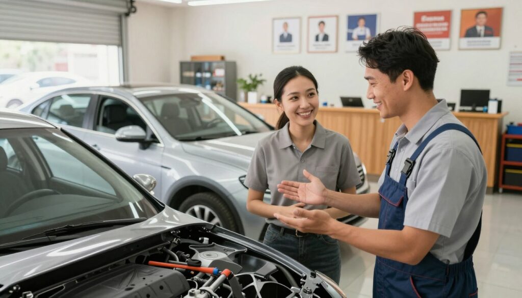 A warm, inviting auto body shop interior, showcasing a satisfied customer in the foreground, smiling while discussing their repaired vehicle with a professional technician. The technician, dressed in a clean uniform, gestures confidently, conveying trust and expertise. In the middle ground, a shiny, freshly repaired car gleams under soft, natural lighting, with tools and equipment neatly arranged around. The background features a well-organized workspace with customer service accolades and a welcoming reception area. The overall atmosphere radiates positivity, trust, and professionalism, emphasizing customer satisfaction in the collision repair process. The image should be bright and engaging, shot from a slightly elevated angle to capture both the customer and technician's expressions effectively.