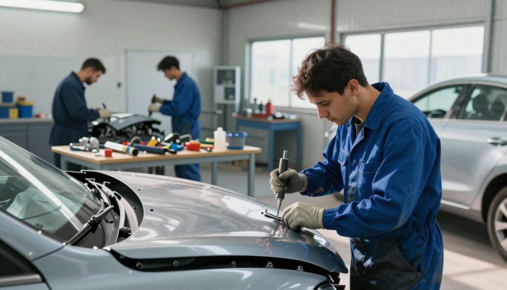 A well-lit auto body shop interior, showcasing a professional collision repair process. In the foreground, a skilled technician in a blue coverall, focusing intently on a damaged car hood, using specialized tools with precision. The middle ground features a workbench filled with tools and parts, illustrating the organized chaos of a bustling repair environment. In the background, other technicians are engaged in various stages of repair, including parts replacement and painting, with safety equipment in use. Natural sunlight filters through large windows, casting soft shadows and highlighting the shiny finishes of repaired vehicles. The overall atmosphere is industrious and focused, emphasizing professionalism and expertise in collision repair.