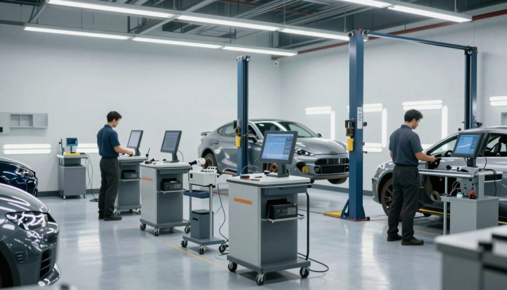 An image of a professional auto body shop in San Antonio, TX, featuring modern repair equipment and a clean, organized service bay.