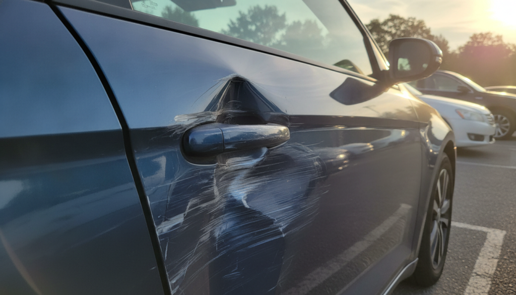 A close-up view of a car door with noticeable damage, showcasing a deep dent and scratches across its metallic surface. The foreground features the damaged door, glistening under soft morning sunlight, emphasizing the imperfections and the varying shades of the car's paint. In the middle ground, other parked vehicles can be blurred slightly, creating a sense of context in a parking lot setting. The background captures a faint outline of trees and a blue sky, enhancing the outdoor atmosphere. The image should convey a somber mood, reflecting the concern of unexpected car damages. Use a shallow depth of field to focus on the damage, with a lens flare effect from the sunlight to add warmth and realism. A close-up view of a car door with noticeable damage, showcasing a deep dent and scratches across its metallic surface. The foreground features the damaged door, glistening under soft morning sunlight, emphasizing the imperfections and the varying shades of the car's paint. In the middle ground, other parked vehicles can be blurred slightly, creating a sense of context in a parking lot setting. The background captures a faint outline of trees and a blue sky, enhancing the outdoor atmosphere. The image should convey a somber mood, reflecting the concern of unexpected car damages. Use a shallow depth of field to focus on the damage, with a lens flare effect from the sunlight to add warmth and realism.