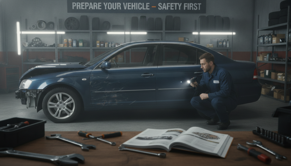 A damaged vehicle parked in a well-lit auto repair shop, showcasing noticeable dents and scratches on the front bumper and driver's side door. In the foreground, tools like wrenches and a car manual lie on a workbench, suggesting preparation for repairs. In the middle ground, a mechanic, dressed in a navy-blue uniform, is inspecting the car damage with a flashlight, demonstrating professionalism and attention to detail. The background features shelves stocked with various car parts and repair supplies. Soft, fluorescent lighting enhances the clarity of the scene, creating a clinical yet approachable atmosphere. The overall mood conveys a sense of thoroughness and readiness for the upcoming repairs, emphasizing the importance of preparing your vehicle.