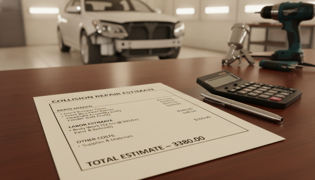 A detailed itemized collision estimate report laid out on a professional desk. In the foreground, the report features clear bullet points and itemized sections showing repair costs, parts needed, and labor estimates, with a clean and organized layout. Beside the report, there's a pen and a calculator, subtly hinting at analysis. The middle ground includes a soft-focus image of a car in the background, suggesting a body shop environment, along with tools and equipment that indicate a professional workspace. The lighting is bright and warm, creating an inviting atmosphere that conveys reliability and professionalism. The angle is slightly overhead, allowing a clear view of the estimate, with a blurred background to emphasize the document's importance. The overall mood is informative and trustworthy, ideal for discussing financial decisions regarding vehicle repair. A detailed itemized collision estimate report laid out on a professional desk. In the foreground, the report features clear bullet points and itemized sections showing repair costs, parts needed, and labor estimates, with a clean and organized layout. Beside the report, there's a pen and a calculator, subtly hinting at analysis. The middle ground includes a soft-focus image of a car in the background, suggesting a body shop environment, along with tools and equipment that indicate a professional workspace. The lighting is bright and warm, creating an inviting atmosphere that conveys reliability and professionalism. The angle is slightly overhead, allowing a clear view of the estimate, with a blurred background to emphasize the document's importance. The overall mood is informative and trustworthy, ideal for discussing financial decisions regarding vehicle repair.