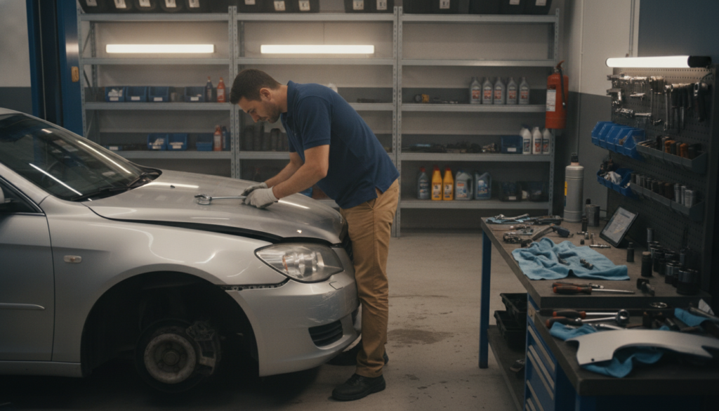 A professional auto repair shop interior featuring a minor accident repair scenario. In the foreground, a mechanic in a blue polo shirt and khaki pants examines a lightly damaged sedan with a bent fender and minor scratches. The mechanic is using a wrench and focused on a detailed repair task. The middle layer shows various tools and parts organized on a workbench, highlighting a safe and tidy work environment. In the background, well-lit garage shelves display car maintenance supplies and equipment. Soft overhead lighting creates a warm, inviting atmosphere, emphasizing the reliability of the service. Use a slightly elevated angle to capture the depth of the workshop, providing a clear view of both the mechanic and the damaged vehicle.