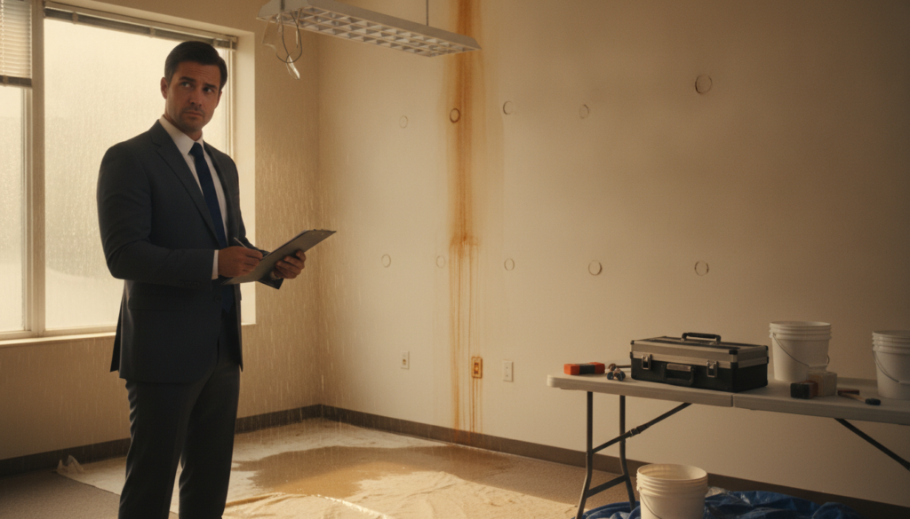 A professional indoor scene depicting a lease inspection repair during hail season. In the foreground, a well-dressed inspector, wearing a neat business attire, holds a clipboard and examines water-damaging issues on a wall. The inspector looks focused and diligent, with a subtle expression of concern. In the middle ground, there are visible signs of hail damage, such as dents on the wall, evidence of leaks, and damaged lighting fixtures. The background features a softly lit room with window blinds partially drawn, allowing natural light to filter in, creating a warm atmosphere despite the subject matter. Emphasize a sense of urgency and responsibility in the air, with tools and repair materials organized on a table nearby. Use a slightly angled perspective, showcasing the details while maintaining professionalism. A professional indoor scene depicting a lease inspection repair during hail season. In the foreground, a well-dressed inspector, wearing a neat business attire, holds a clipboard and examines water-damaging issues on a wall. The inspector looks focused and diligent, with a subtle expression of concern. In the middle ground, there are visible signs of hail damage, such as dents on the wall, evidence of leaks, and damaged lighting fixtures. The background features a softly lit room with window blinds partially drawn, allowing natural light to filter in, creating a warm atmosphere despite the subject matter. Emphasize a sense of urgency and responsibility in the air, with tools and repair materials organized on a table nearby. Use a slightly angled perspective, showcasing the details while maintaining professionalism.